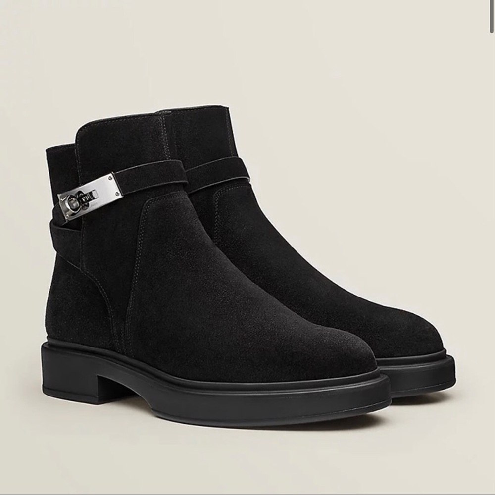 RARE Authentic Hermès Veo Suede Shearing Ankle Black Boots sz 36